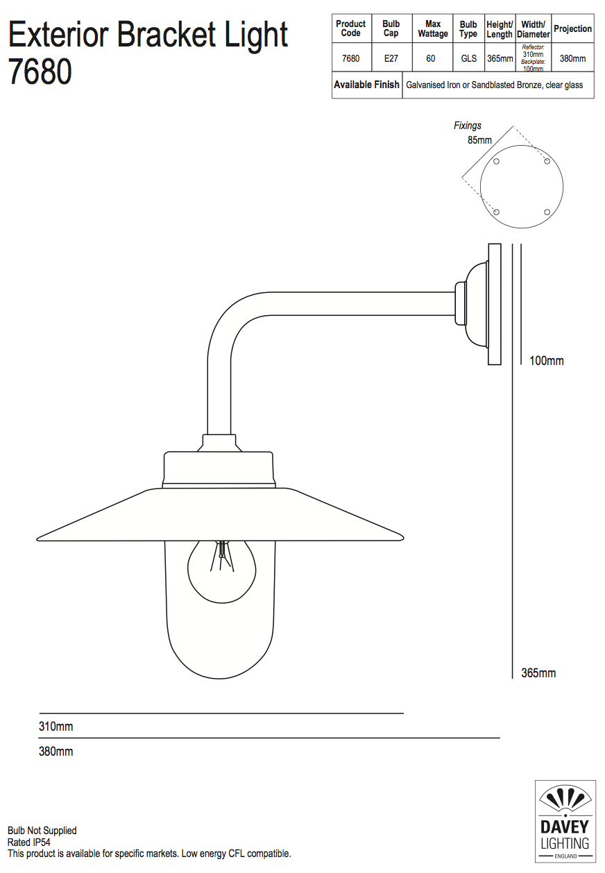 7680 Exterior Bracket Light, Right Angle, Round, Galvanised, Clear