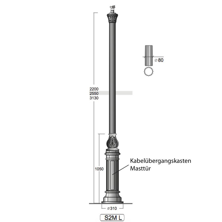 Bild 7: Der Mast ist in drei Größen erhältlich. Hier wird das Modell mit 255 cm und 313 cm verwendet. Große Mastleuchte mit runder Laterne S2ML.862: Der Mast ist in drei Größen erhältlich. Hier wird das Modell mit 255 cm und 313 cm verwendet.