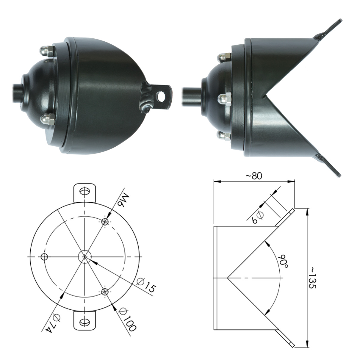 Aluminium-Außenlampe mit bunten Schirmen 38-S BO: Das passende Eckmodul, Ansicht von der Seite und von unten