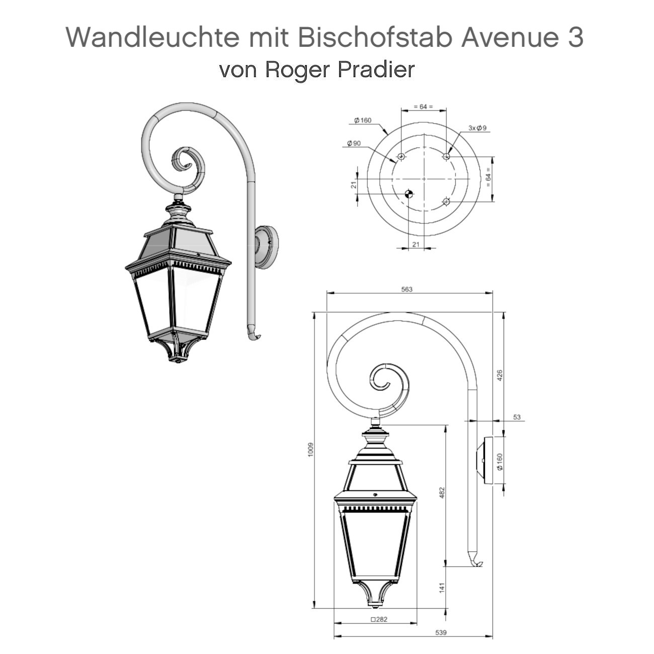 Bild 2: Schematische Darstellung und Maße der Wandlaterne Große Wandleuchte mit Bischofstab Avenue 3: Schematische Darstellung und Maße der Wandlaterne