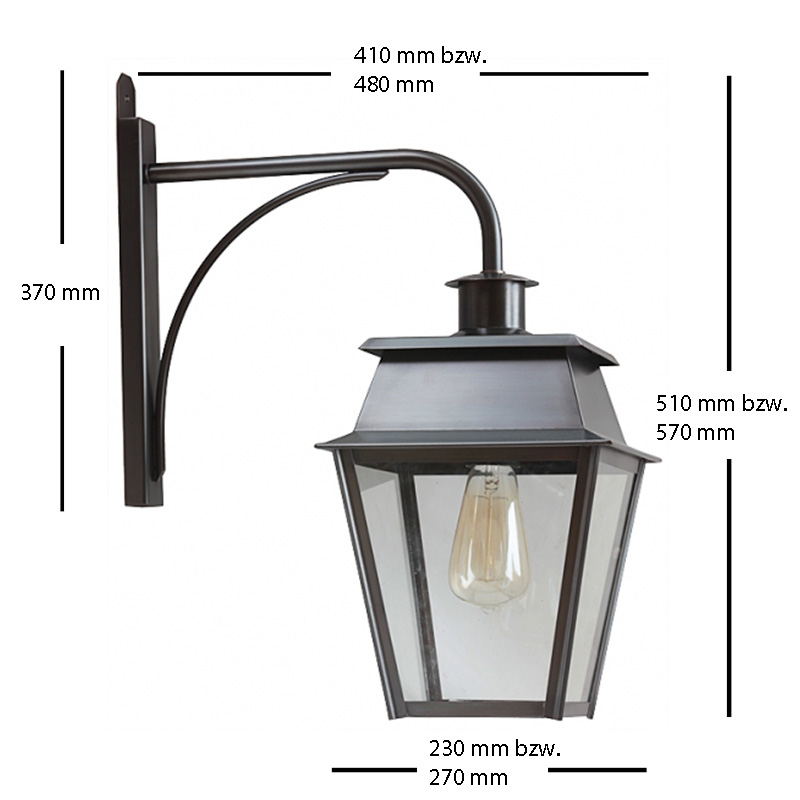 Bild 10: Die Abmessungen des kleinen und großen Modells Hängende Wandlaterne Bordeaux MM mit Messing-Wandarm: Die Abmessungen des kleinen und großen Modells