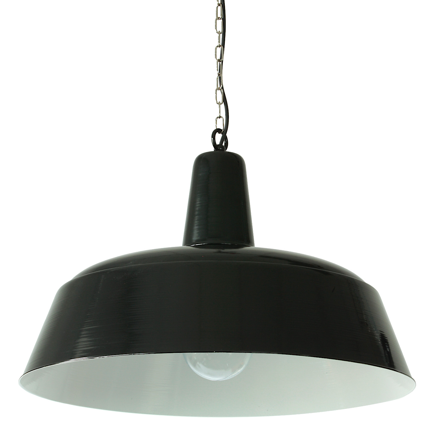 Classic Industrial Design Pendant Light Berlin with Glass: Schirm 600 mm, Tiefschwarz RAL 9005, Kettenaufhängung mit Messingring, PVC-Kabel schwarz, Klares Zylinderglas 100W