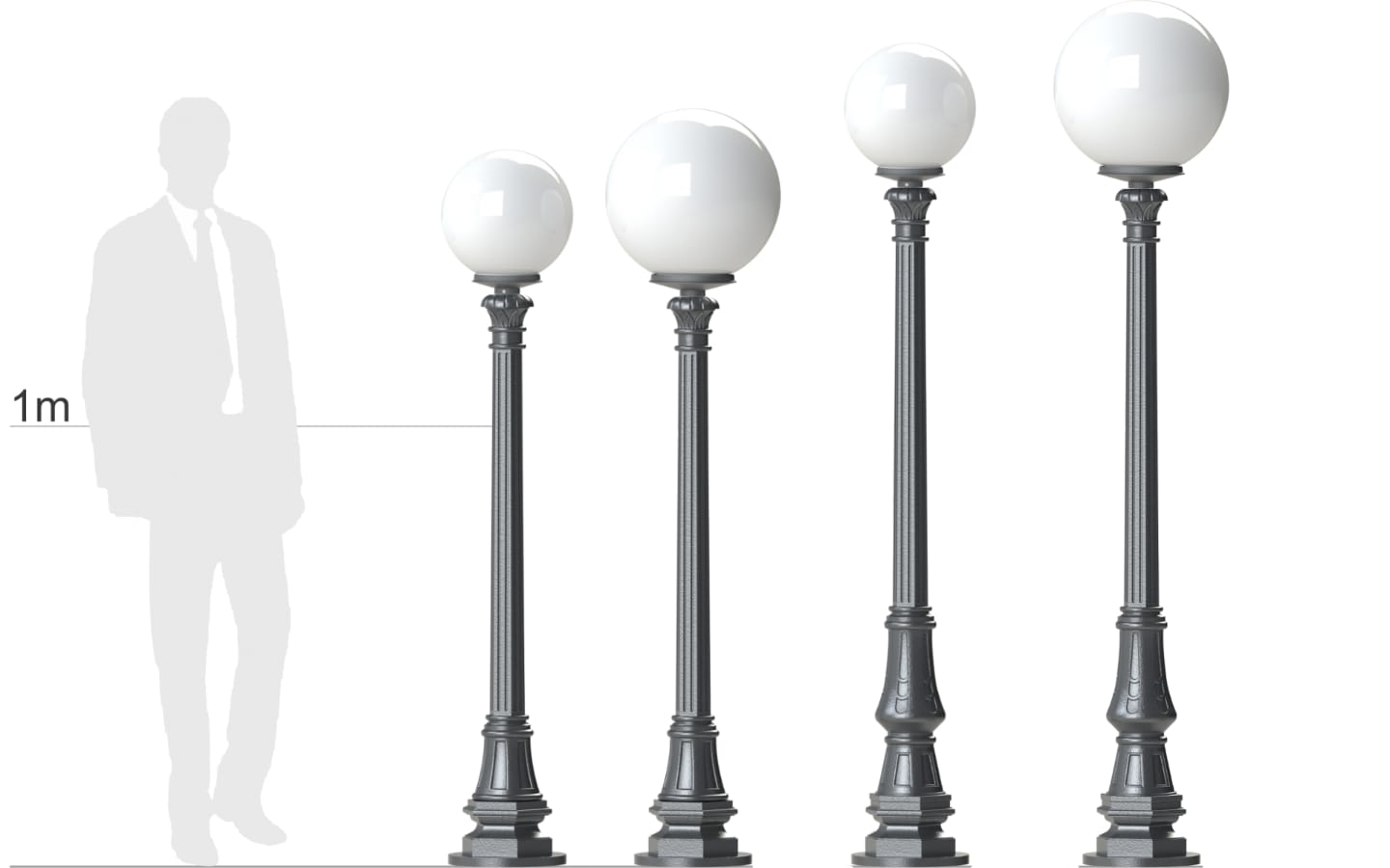 Bild 6: Das kleine und große Modell mit den beiden Kugelgrößen im Vergleich Standleuchte mit Kugelaufsatz SOT P1K.02: Das kleine und große Modell mit den beiden Kugelgrößen im Vergleich