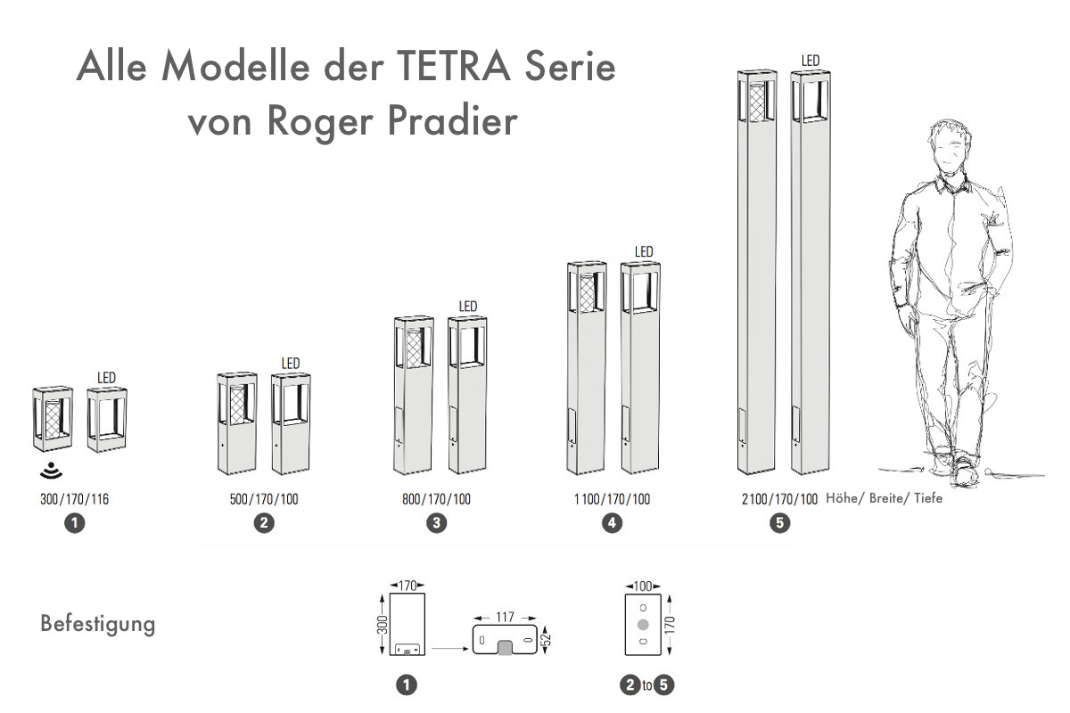 LED Pedestal and Post Light Tetra: Die Modelle der Leuchtenserie Tetra von Roger Pradier