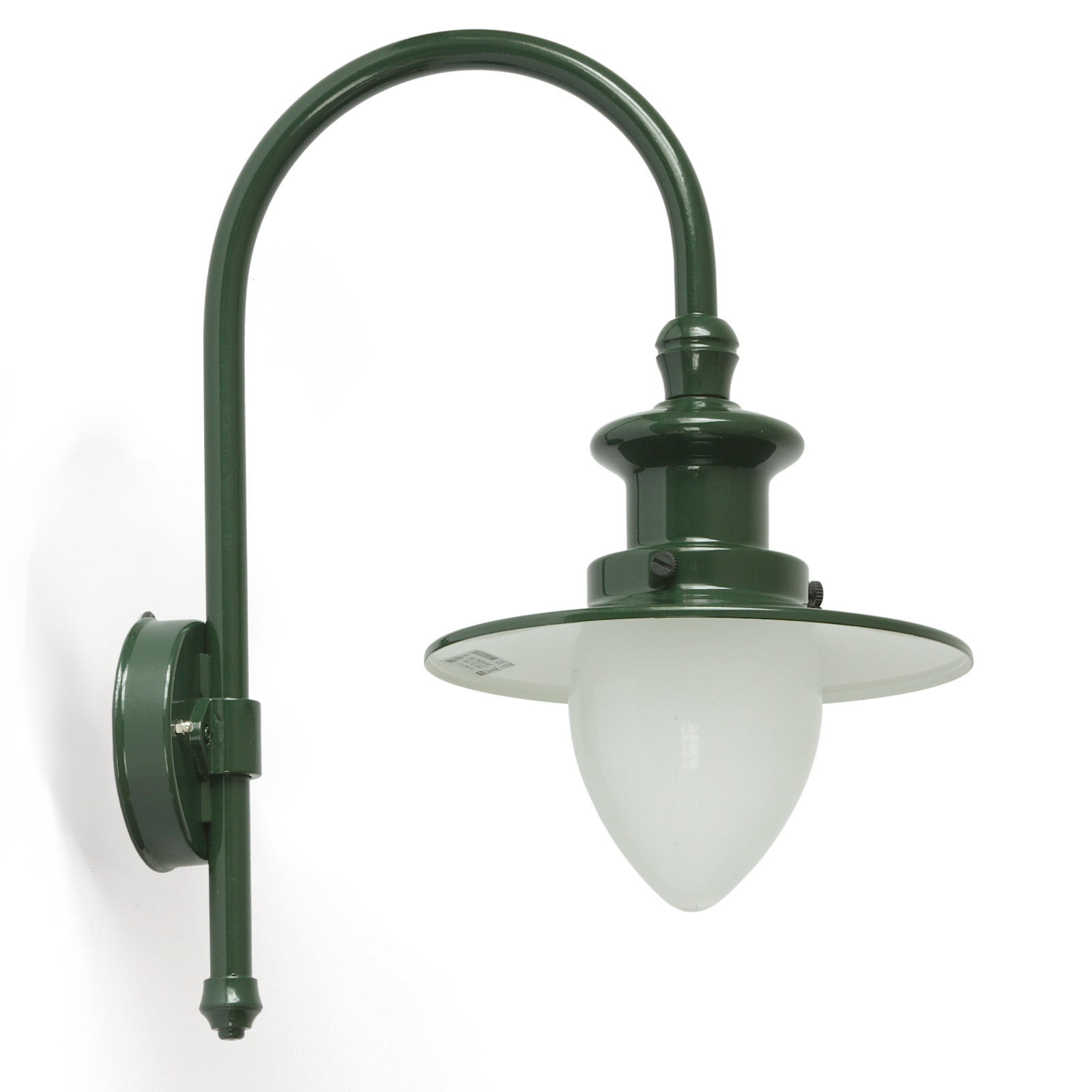 Bow Arm Wall Light for Outdoor Use with Pointed Cylinder: Abgebildet in Tannengrün mit Opalglas: Bogenarm-Wandlampe für außen mit Spitzzylinder 
