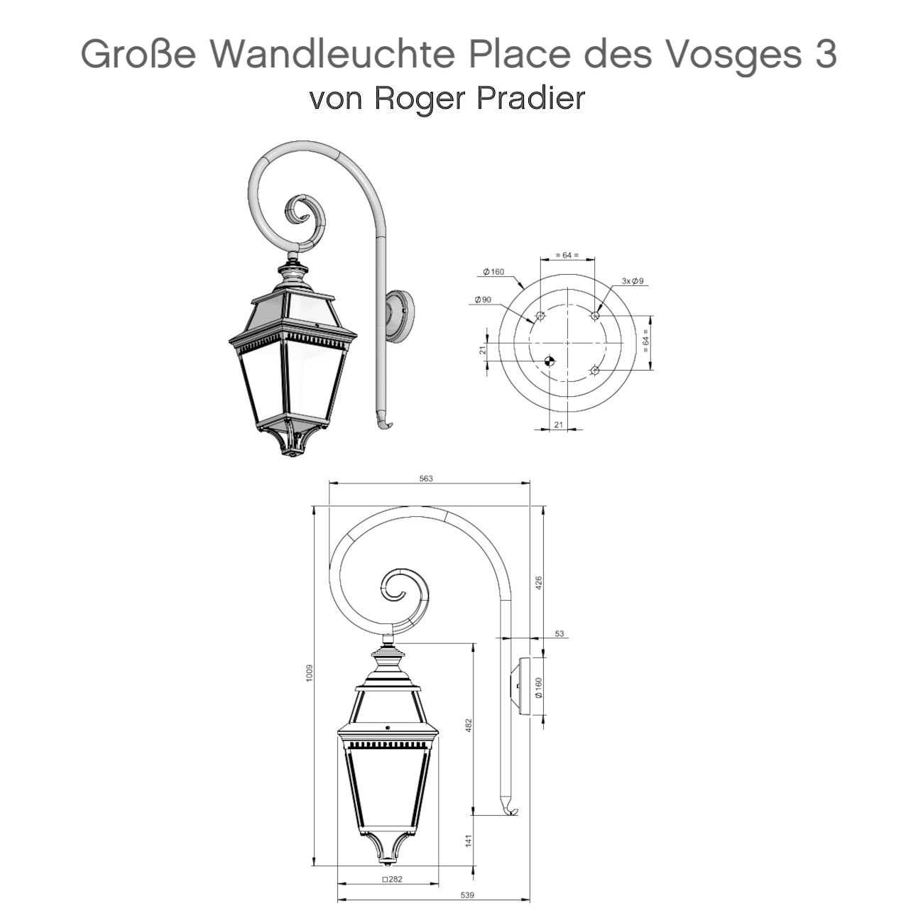 Große Wandleuchte Place des Vosges 3 mit Bischofstab: Schematische Darstellung und Maße der Wandlaterne Place des Vosges 3 mit Bischofstab