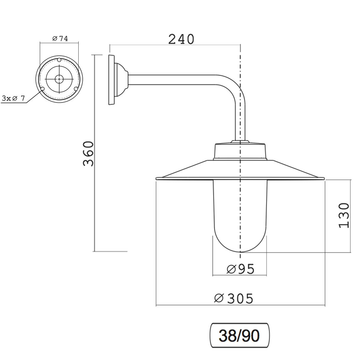 Bild 2: Schematische Darstellung und Maße der Hofleuchte mit 90-Grad-Wandarm 38-90 Außenlampe aus Messing mit Schirm 38-90 BR: Schematische Darstellung und Maße der Hofleuchte mit 90-Grad-Wandarm 38-90
