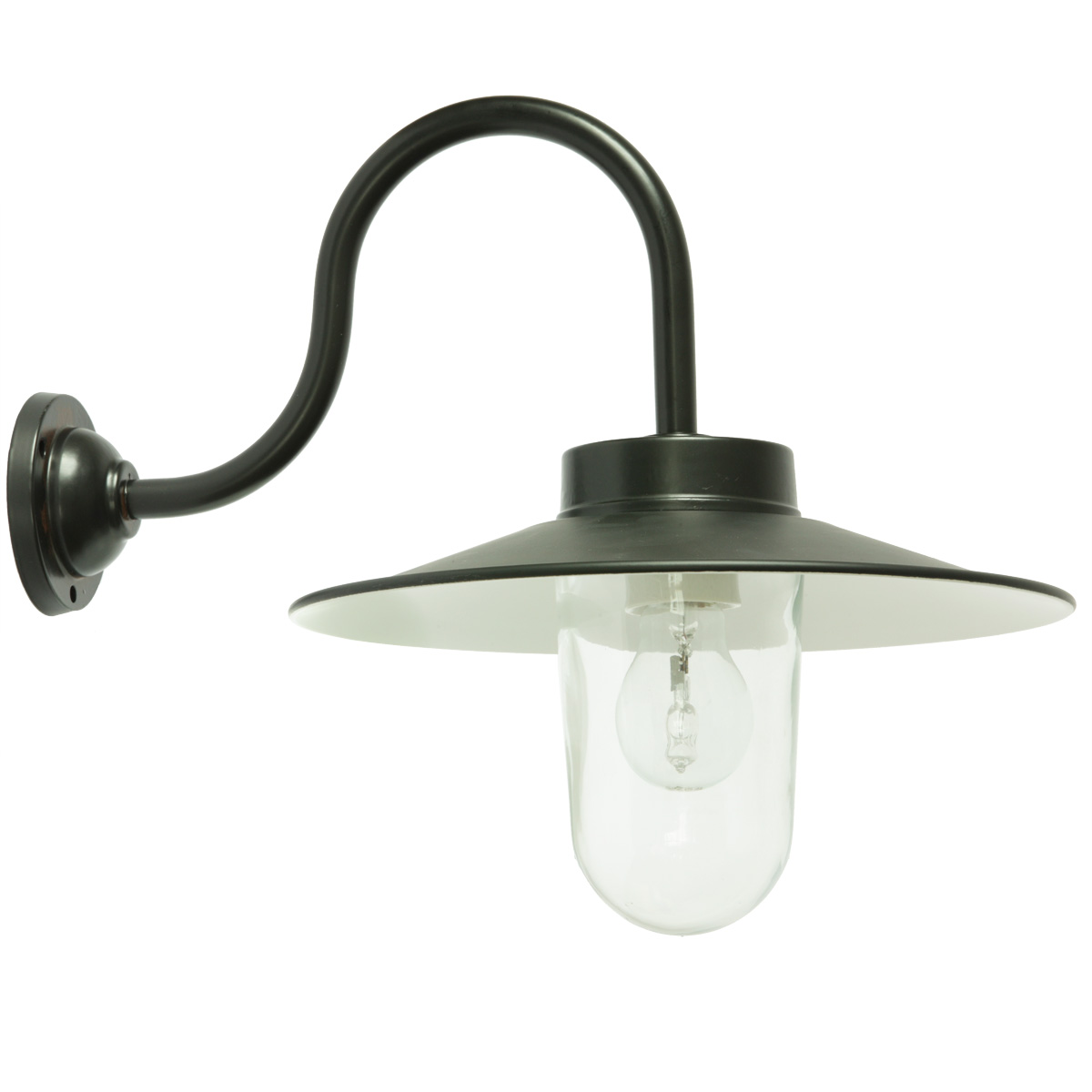 Bild 1: Traditionelle Schirmleuchte mit Bogenarm 38 S, schwarz, klares Zylinderglas Klassische Wandleuchte für außen mit Bogenarm 38 S: Traditionelle Schirmleuchte mit Bogenarm 38 S, schwarz, klares Zylinderglas