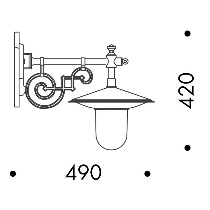 Bild 2: Schematische Darstellung mit Abmessungen der Außenleuchte Historische Hofleuchte: Schirmleuchte mit Zylinderglas: Schematische Darstellung mit Abmessungen der Außenleuchte