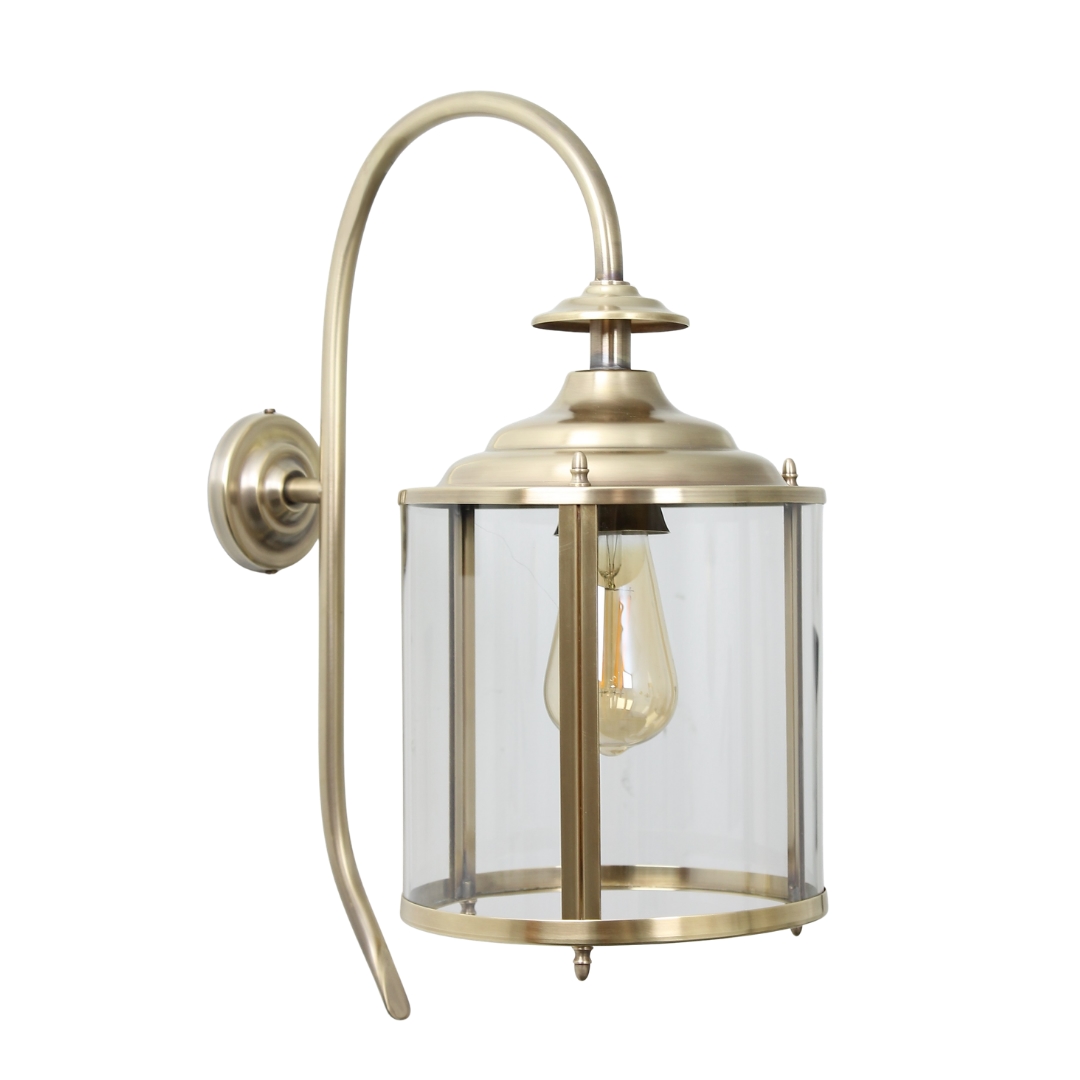 Elegant Brass Wall Lantern with Round Glass and Curved Bracket