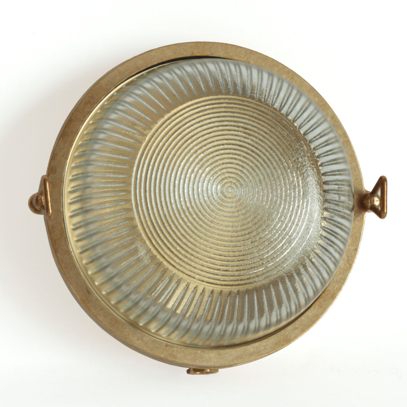 Nautical brass wall light with round holophane glass