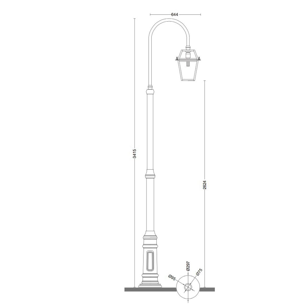 Fig. 2: Die Maße: Standlaterne mit Bogenarm-Ausleger Lamp Post with Curved Arm: Die Maße: Standlaterne mit Bogenarm-Ausleger