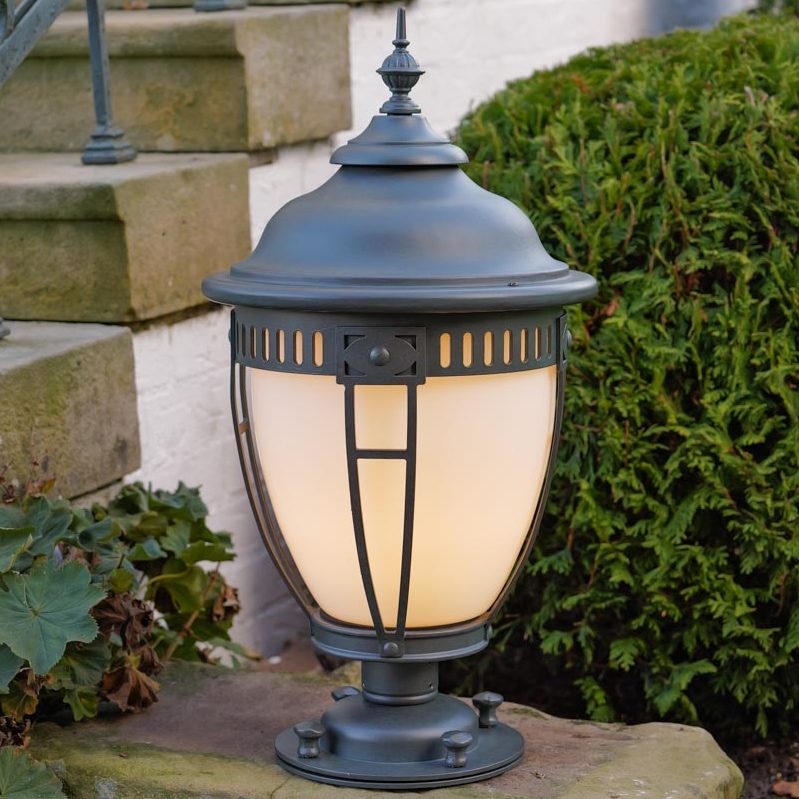 Art Nouveau Wrought Iron Pedestal Light with Curved Opal Glass AL 6985 / 6984