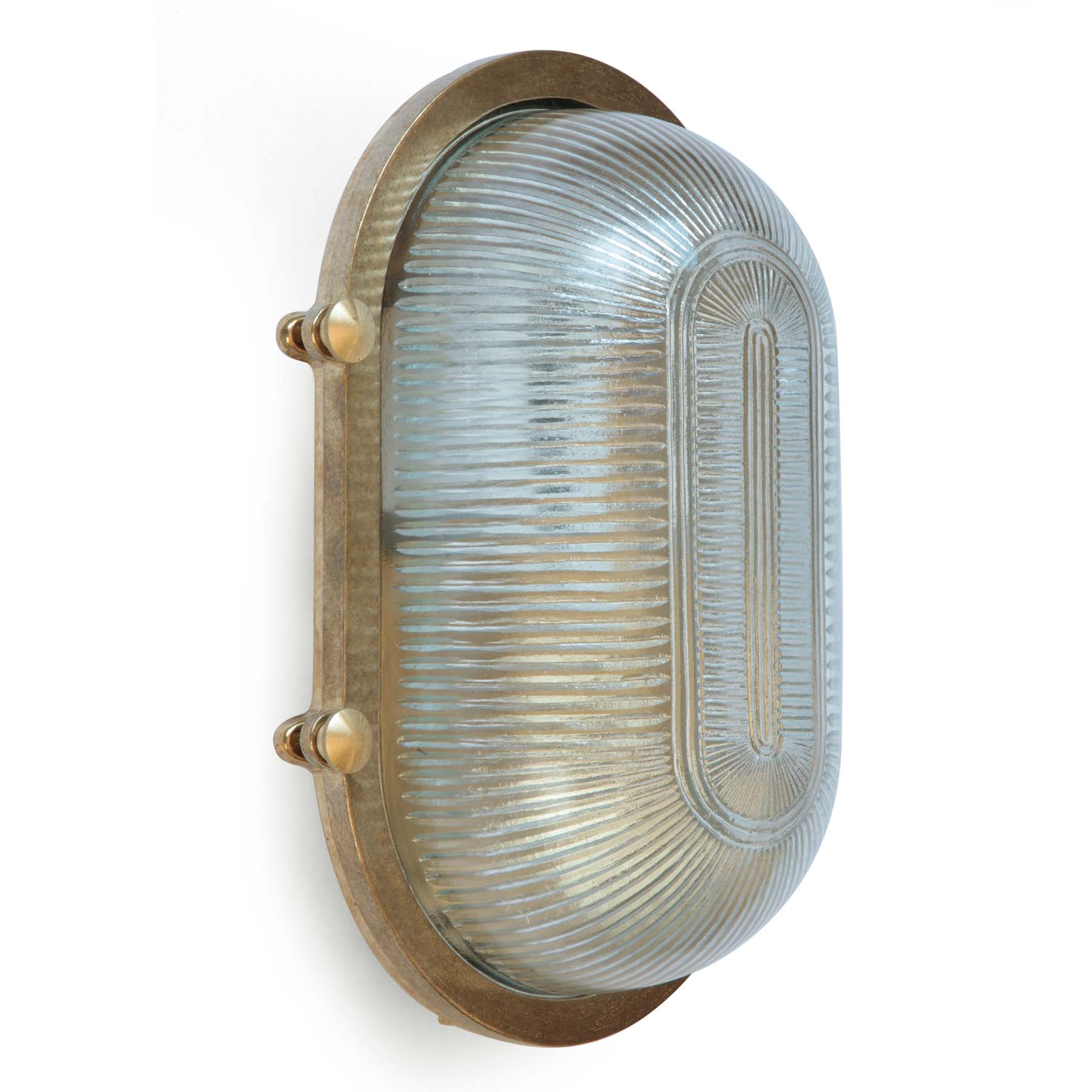 Oval marine brass wall light with holophane glass: Modell 1 in rohem Messing
