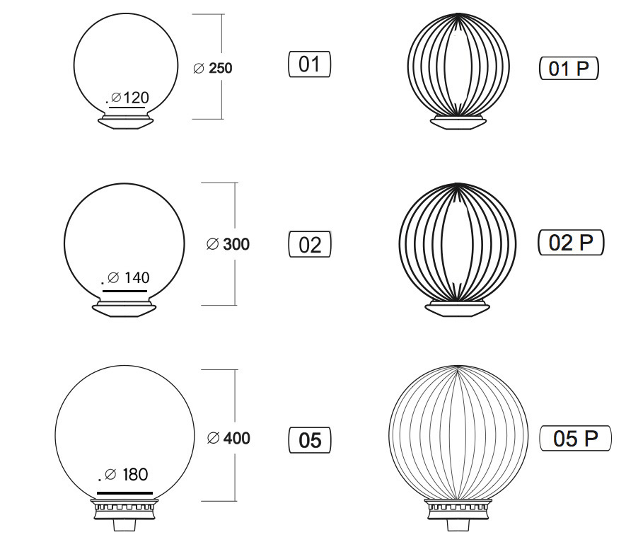 Bild 5: Kugeldurchmesser mit Anschlussmaßen Standleuchte mit Kugelaufsatz SOT P1K.02: Kugeldurchmesser mit Anschlussmaßen