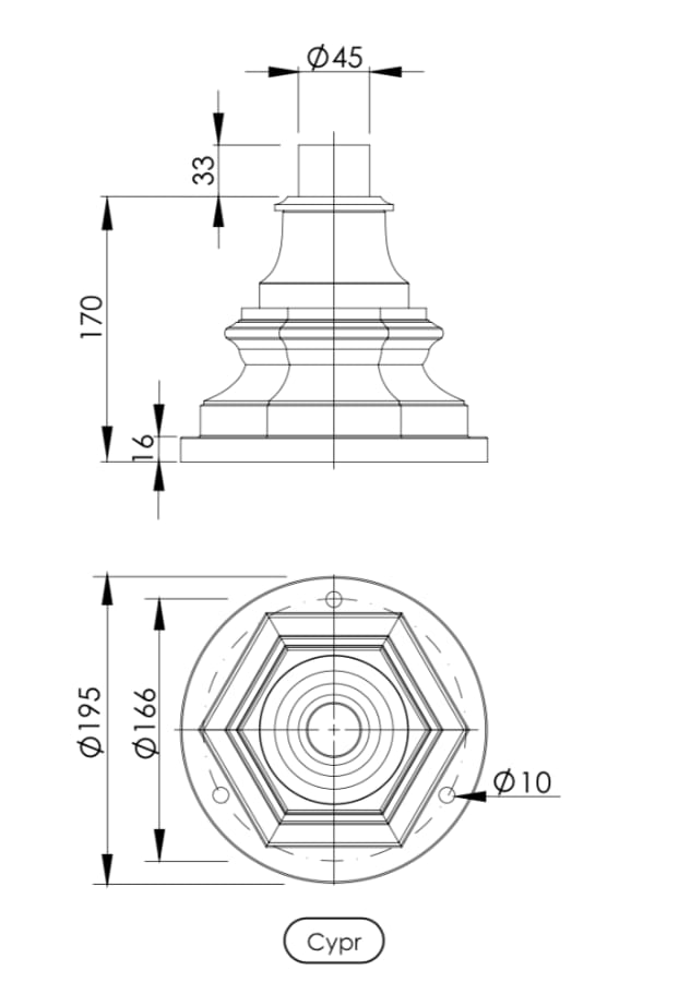 Fig. 6: Anschlussmaße für den Sockel Classic Garden Lantern CYPR 60 with Casted Pedestal: Anschlussmaße für den Sockel