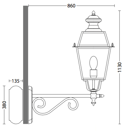Fig. 3: Maße nach oben gerichtet: Große Edelstahl-Außenwandleuchte mit Wandarm Large Stainless Steel Outdoor Wall Light with Bracket: Maße nach oben gerichtet: Große Edelstahl-Außenwandleuchte mit Wandarm