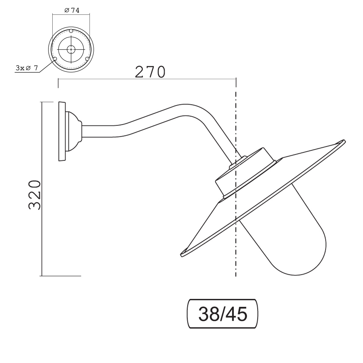 Bild 2: Schematische Darstellung und Maße der Hofleuchte Historische Schirmleuchte aus Aluminium 38-45: Schematische Darstellung und Maße der Hofleuchte