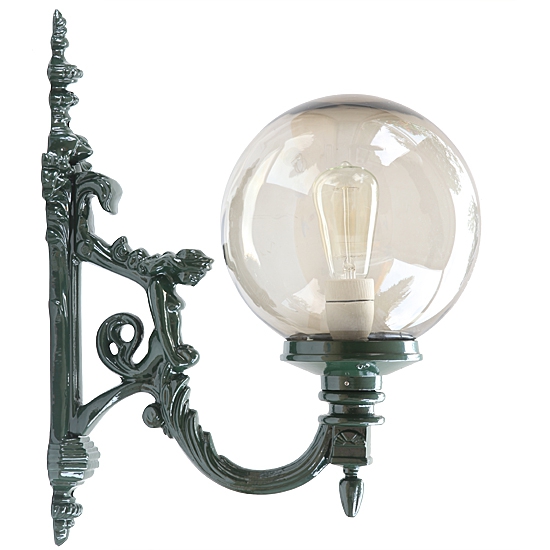 Bild 4: Historische Kugelleuchte Prag M 01 mit Jugendstil-Wandarm in Tannengrün, als Sondermodell mit Rauchglas Historische Kugelleuchte Prag M-L 01 mit Jugendstil-Wandarm: Historische Kugelleuchte Prag M 01 mit Jugendstil-Wandarm in Tannengrün, als Sondermodell mit Rauchglas
