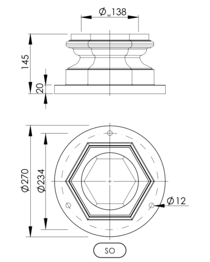 Bild 7: Anschlussmaße des Sockels Standleuchte mit Kugelaufsatz SOT P1K.02: Anschlussmaße des Sockels