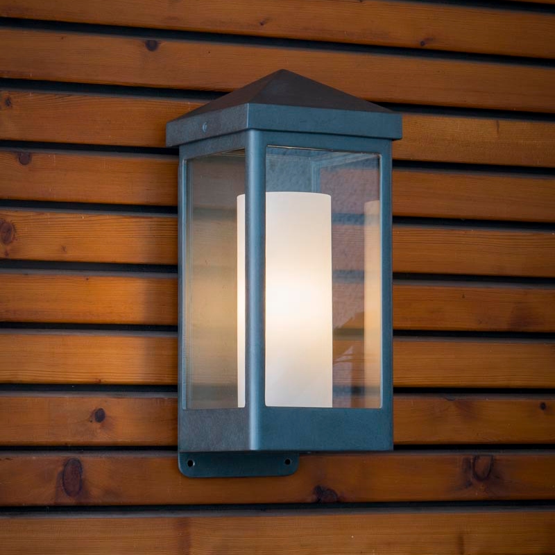 Wrought Iron Outdoor Box Wall Light with Opal Glass Cylinder WL 3775