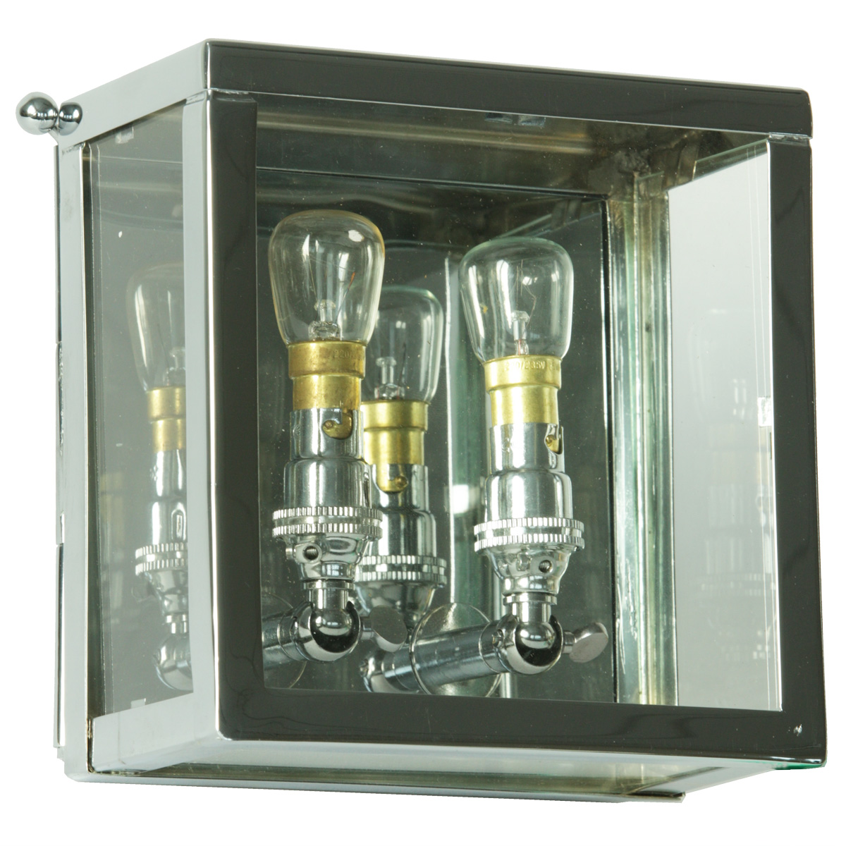 Bild 1: Eckige Außenlampe: Kleine Messing-Wandleuchte Vitrine petit, verchromt Zweiflammige Messing-Wandleuchte Vitrine petit: Eckige Außenlampe: Kleine Messing-Wandleuchte Vitrine petit, verchromt