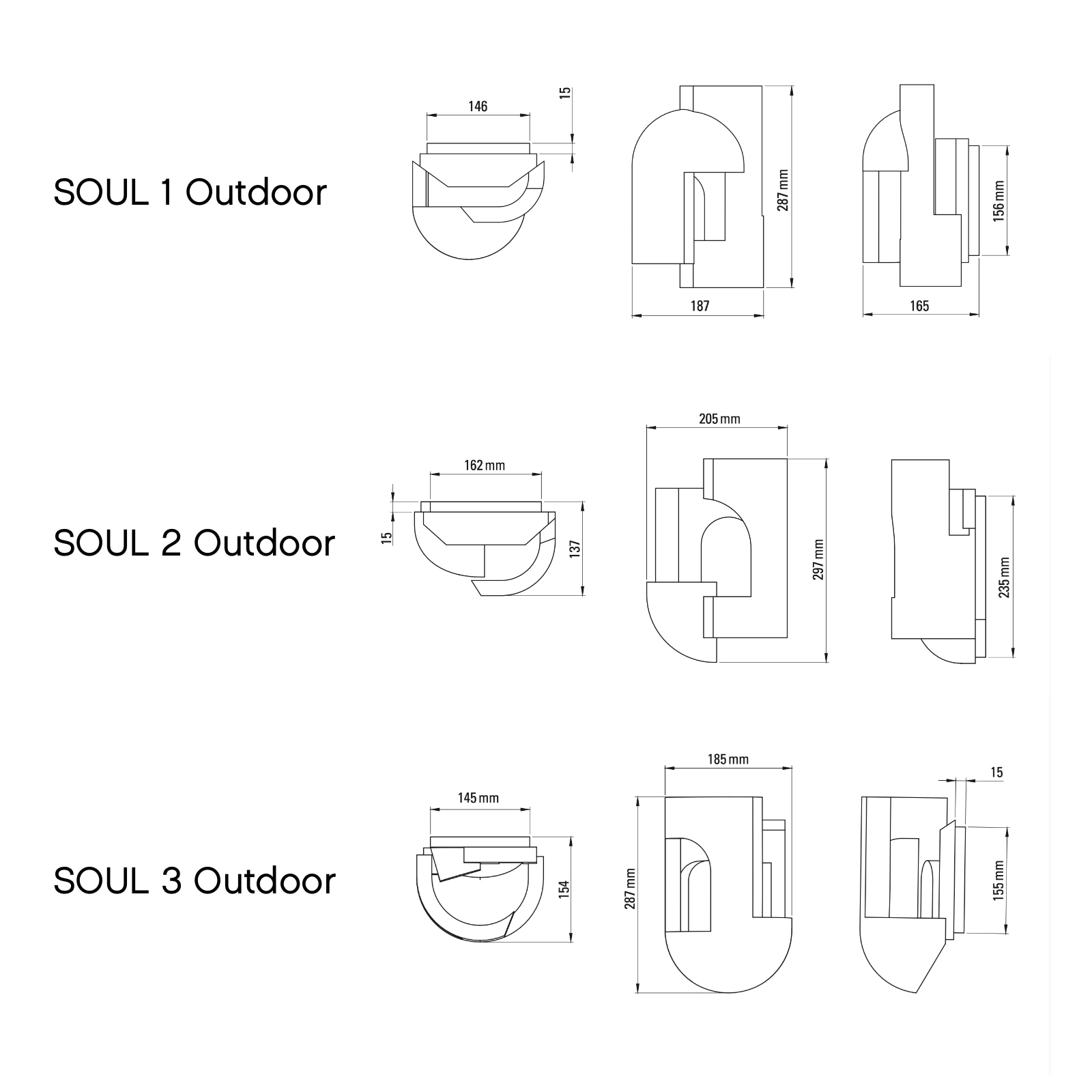  Soul Story Outdoor: Design Wandleuchte aus Beton, IP64: Abmessungen der drei Modelle