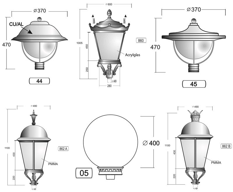 Bild 7: Weitere mögliche Laternenaufsätze des Herstellers Klassische Mastleuchte mit vierseitiger Laterne SO P3.53: Weitere mögliche Laternenaufsätze des Herstellers