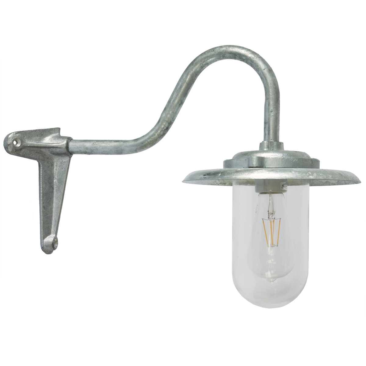 Fig. 1: Ecklampe mit Schwanenhals 7677/100C/S-Corner, galvanisiertes silber Aluminium, klares Glas Exterior Corner Bracket Light with Swan Neck Arm 7677: Ecklampe mit Schwanenhals 7677/100C/S-Corner, galvanisiertes silber Aluminium, klares Glas