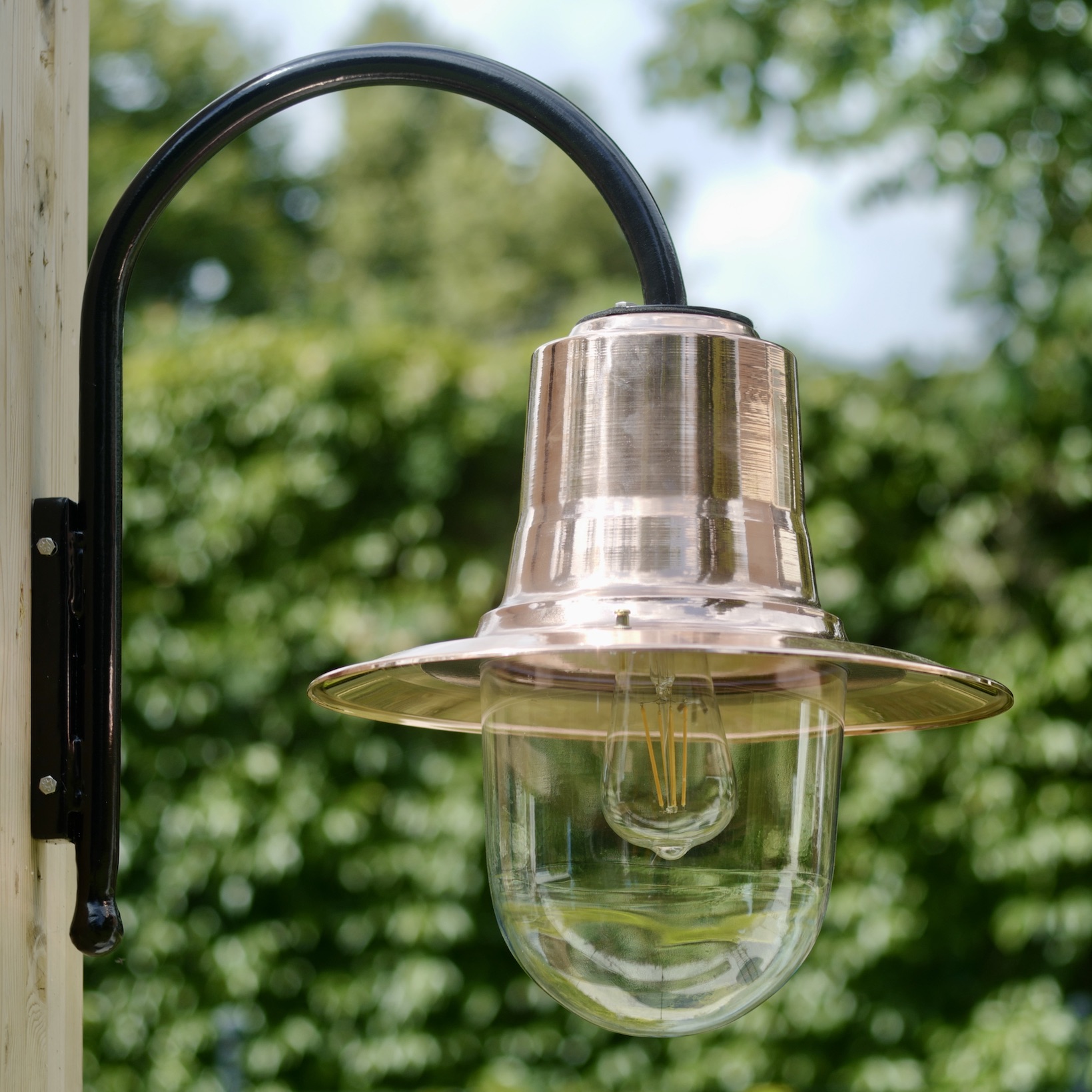 Courtyard Lamp With Curved Arm and Copper Shade Courtyard Lamp With Curved Arm and Copper Shade
