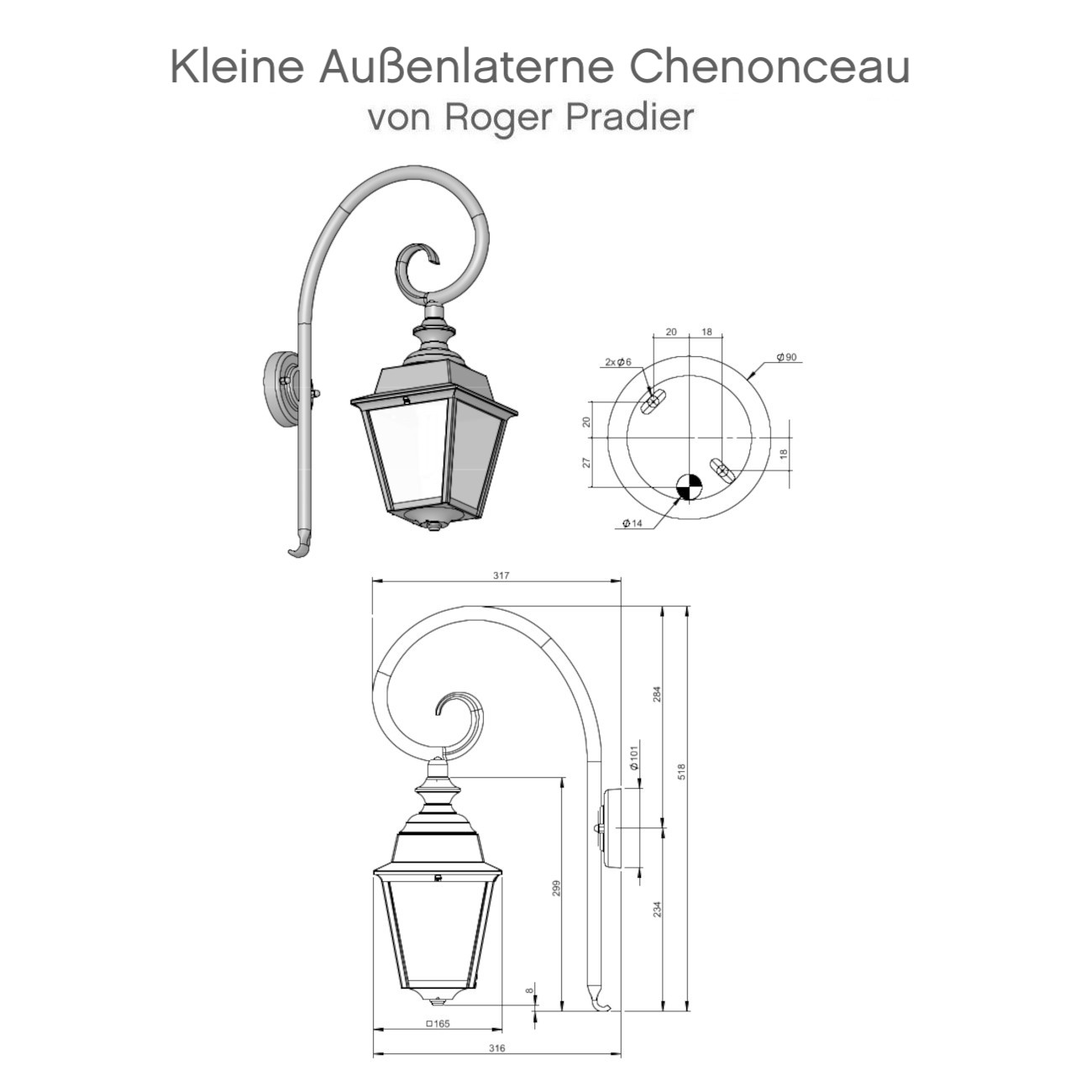 Bild 2: Grafische Darstellung der Abmessungen Klassische Außenlaterne Chenonceau mit Bischofstab: Grafische Darstellung der Abmessungen