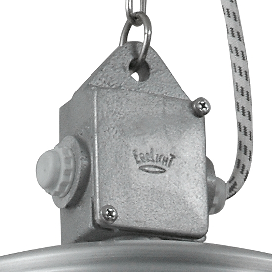 Bild 3: Detailansicht der Alu-Kabelbox Hängeleuchte aus Aluminium Kehl mit Halbkugelschirm: Detailansicht der Alu-Kabelbox