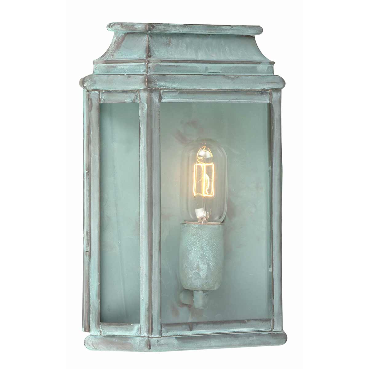 Kleine flache Außenwandleuchte aus Messing in Verdigris