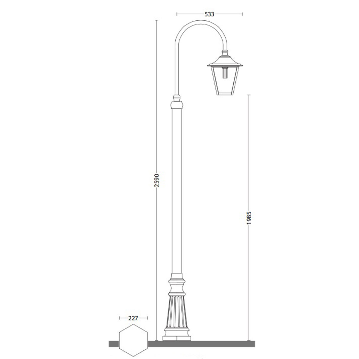 Fig. 2: Die Grundmaße: Standleuchte mit Laterne am Bogenarm Lamp Post with Curved Arm: Die Grundmaße: Standleuchte mit Laterne am Bogenarm