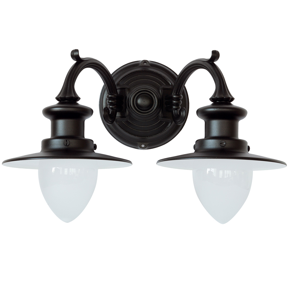 Bild 1: Abgebildet in Schwarz mit satiniertem Glas: Zweiflammige Wandlampe für Außen mit Spitzzylindern Zweiflammige Wandlampe für Außen mit Spitzzylindern: Abgebildet in Schwarz mit satiniertem Glas: Zweiflammige Wandlampe für Außen mit Spitzzylindern