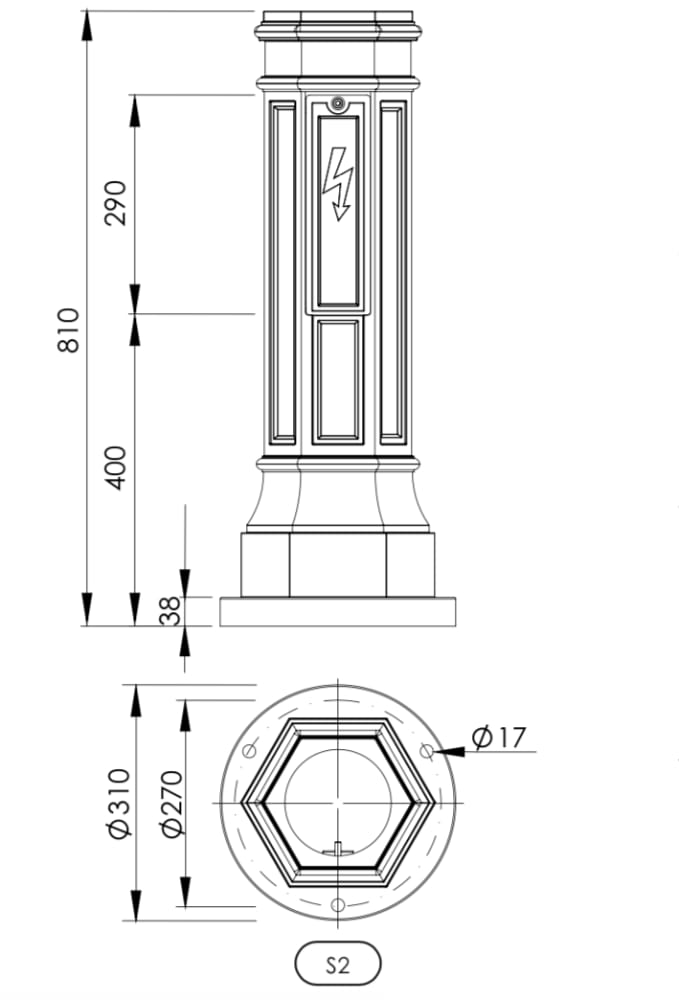 Bild 4: Anschlussmaße für den Sockel Straßenlaterne mit Zierarm S2P3.T22.63TL: Anschlussmaße für den Sockel