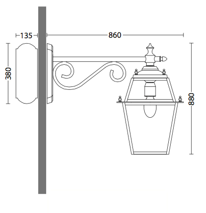 Fig. 2: Maße nach unten gerichtet: Große Edelstahl-Außenwandleuchte mit Wandarm Large Stainless Steel Outdoor Wall Light with Bracket: Maße nach unten gerichtet: Große Edelstahl-Außenwandleuchte mit Wandarm
