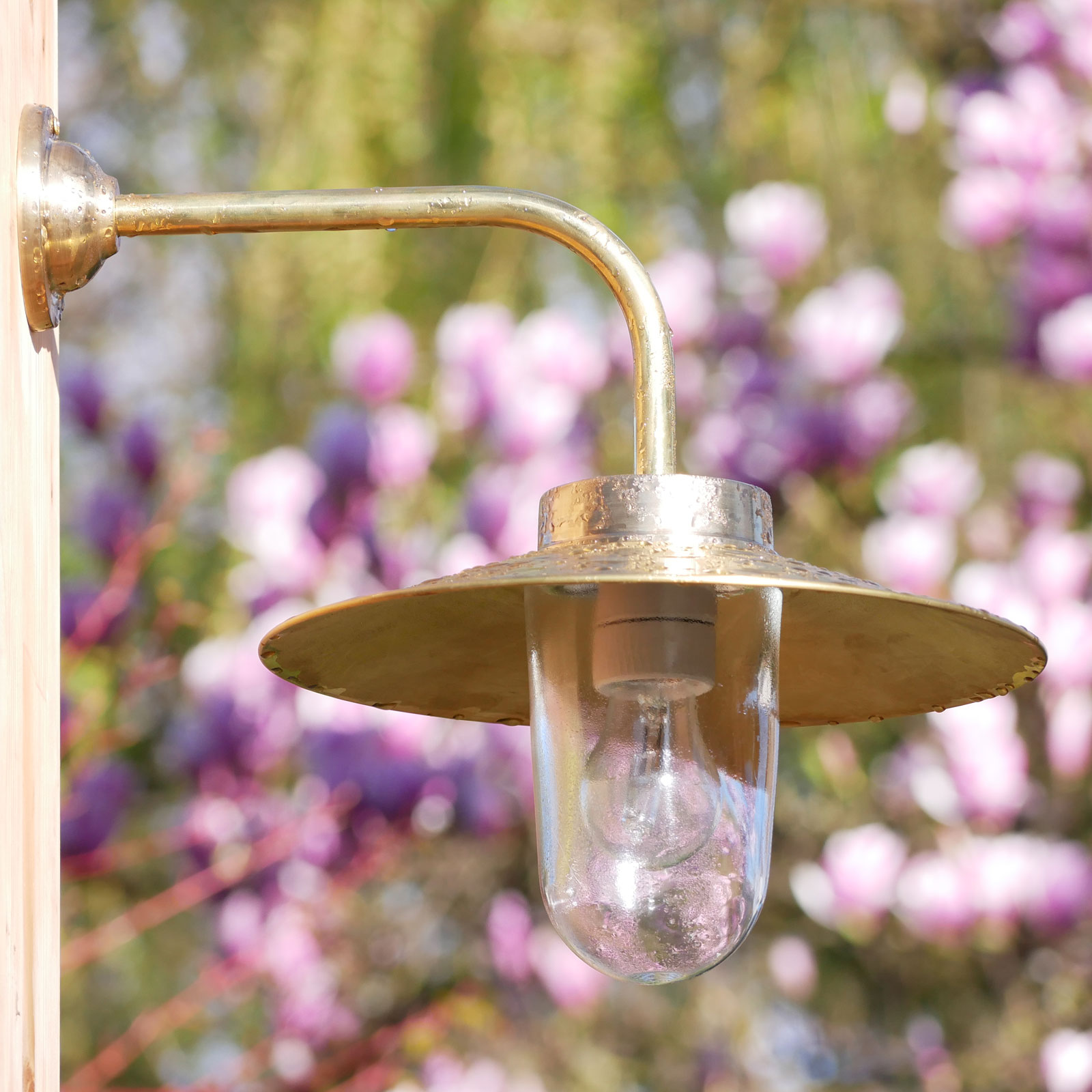Bild 13: Außenlampe aus Messing mit Schirm 38-90 BR; hier in Messing poliert mit klarem Zylinderglas Außenlampe aus Messing mit Schirm 38-90 BR: Außenlampe aus Messing mit Schirm 38-90 BR; hier in Messing poliert mit klarem Zylinderglas