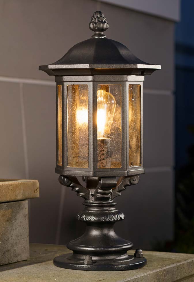 Classic Hexagonal Pedestal Light with Domed Roof and Antique Glass AL 6975