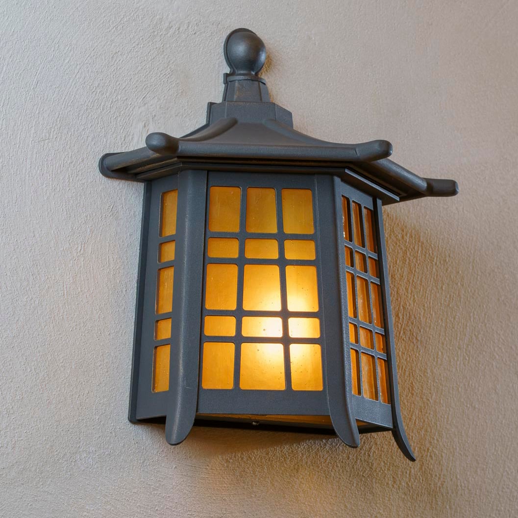 East Asian Inspired Outdoor Wall Lantern with Amber Glass WL 3747, Made in Germany