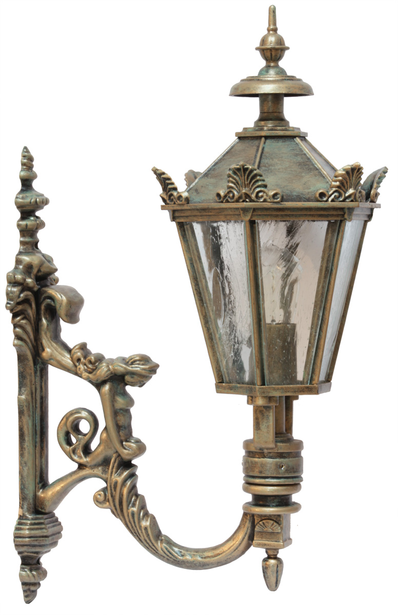 Bild 1: Goldbronzefarben mit Altdeutschem Glas Nostalgische Wandleuchte Prag M-L 70 mit Jugendstilarm: Goldbronzefarben mit Altdeutschem Glas
