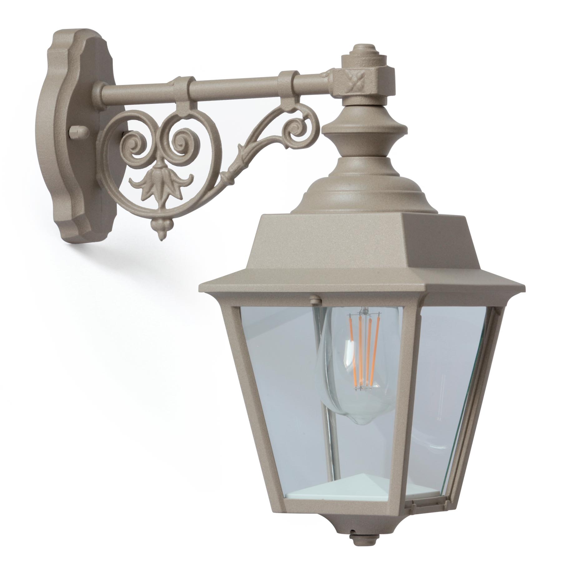 Bild 8: Nach unten gerichtet in Sandsteinfarben Kleine Außen-Wandleuchte Chenonceau mit nostalgischem Wandarm: Nach unten gerichtet in Sandsteinfarben