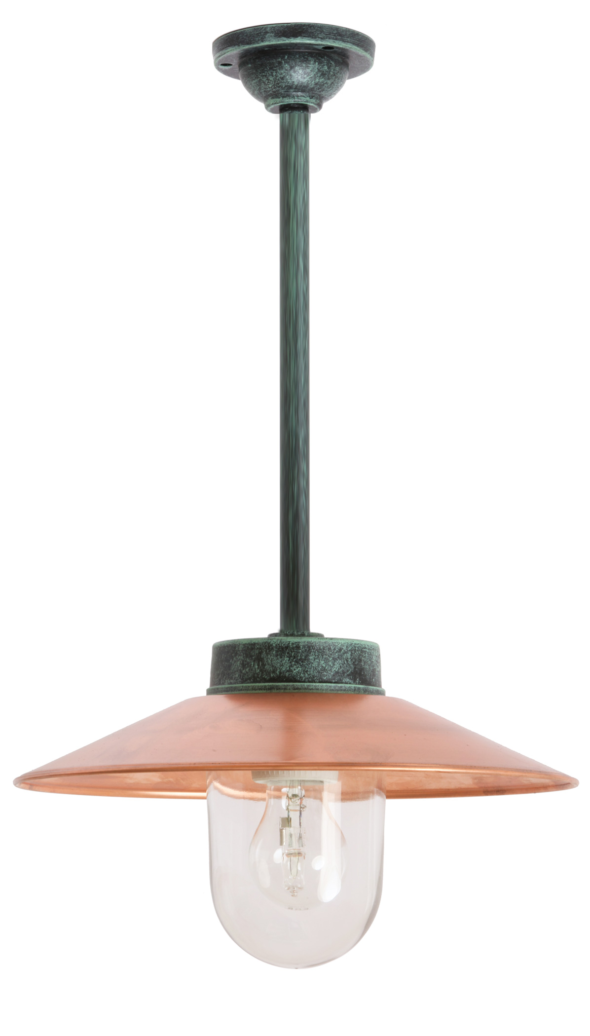 Classical Copper Shade Ceiling Light 38-CL BCU: Das Modell kann auch mit längerem Rohrpendel nach Kundenwunsch gefertigt werden (bitte anfragen).