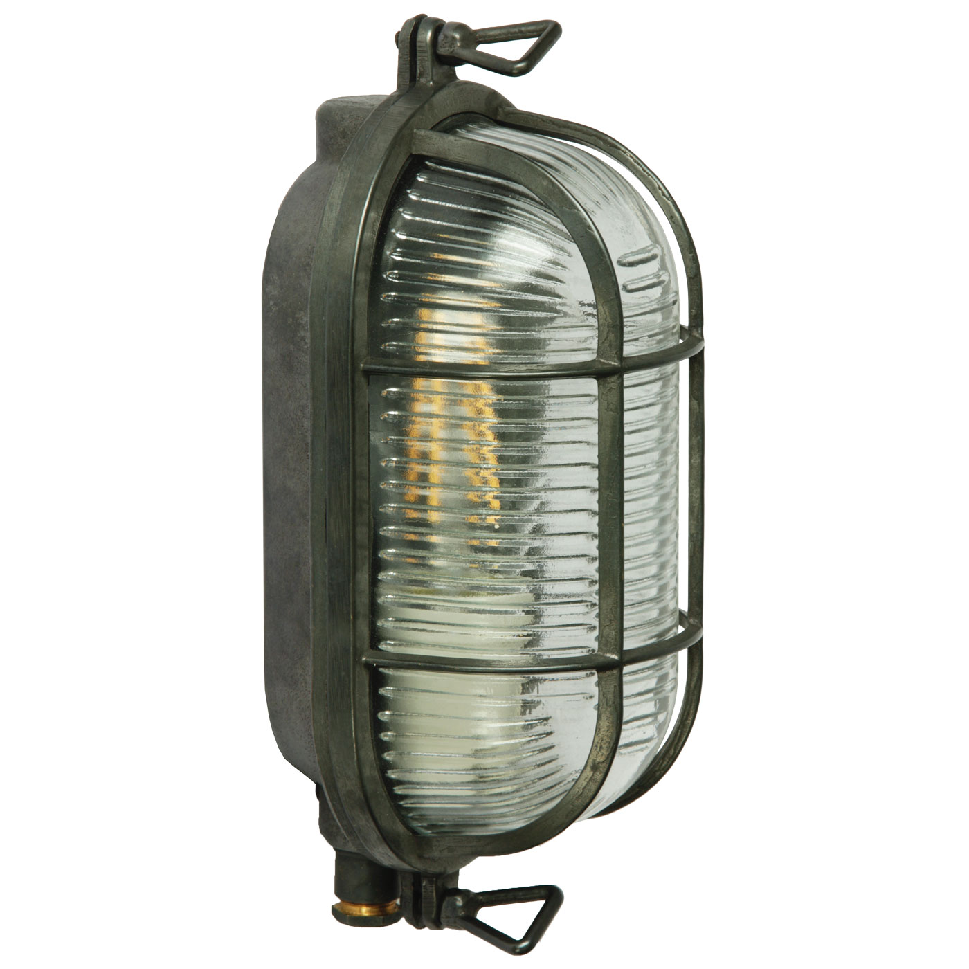 Industrial brass wall light with holophane glass Industrial brass wall light with holophane glass